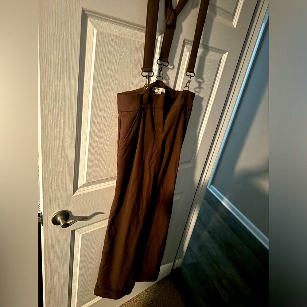Bcbg wide leg dress pants. Brown with suspenders / overalls